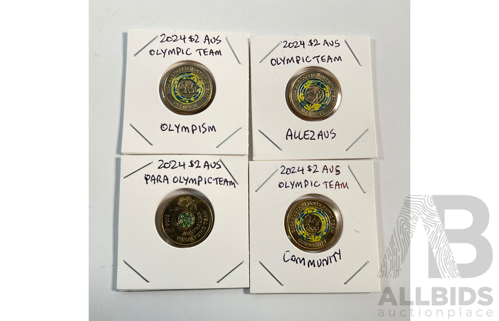 Collection of Australian 2024 Olympic Coins and Stamps Including Four Two Dollar Coins, Community, Olympism, Allezaus, Paralympics, Paralympic Coloured One Dollar PNC, Paris 24 Stamp Sheet