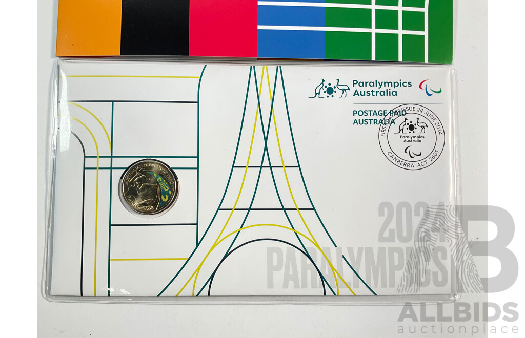 Collection of Australian 2024 Olympic Coins and Stamps Including Four Two Dollar Coins, Community, Olympism, Allezaus, Paralympics, Paralympic Coloured One Dollar PNC, Paris 24 Stamp Sheet