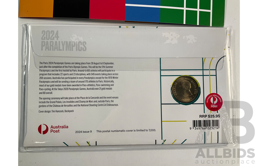 Collection of Australian 2024 Olympic Coins and Stamps Including Four Two Dollar Coins, Community, Olympism, Allezaus, Paralympics, Paralympic Coloured One Dollar PNC, Paris 24 Stamp Sheet