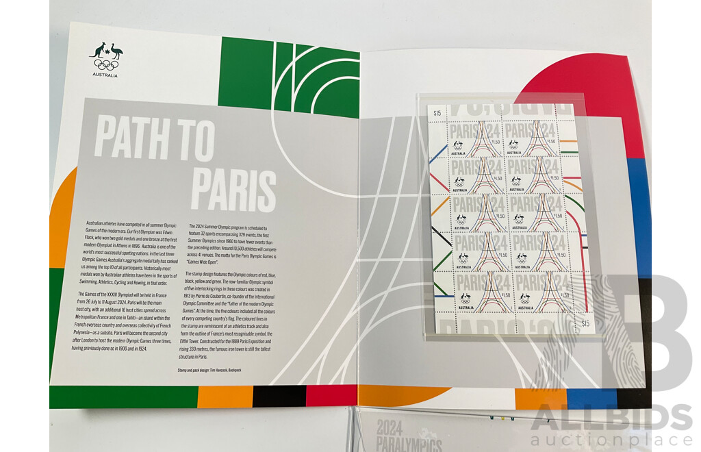 Collection of Australian 2024 Olympic Coins and Stamps Including Four Two Dollar Coins, Community, Olympism, Allezaus, Paralympics, Paralympic Coloured One Dollar PNC, Paris 24 Stamp Sheet