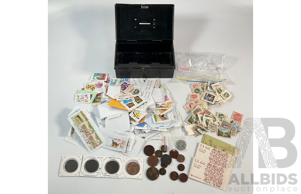 Collection of Australian Mint and Cancelled Stamps Including Predecimal with Assortment of Coins Including Pennies with Off Center Rims
