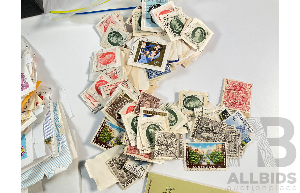 Collection of Australian Mint and Cancelled Stamps Including Predecimal with Assortment of Coins Including Pennies with Off Center Rims