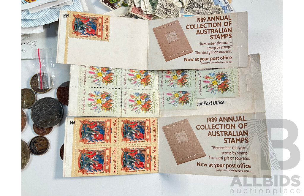 Collection of Australian Mint and Cancelled Stamps Including Predecimal with Assortment of Coins Including Pennies with Off Center Rims