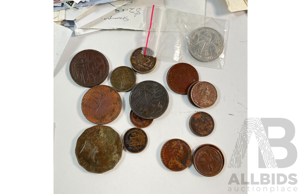 Collection of Australian Mint and Cancelled Stamps Including Predecimal with Assortment of Coins Including Pennies with Off Center Rims