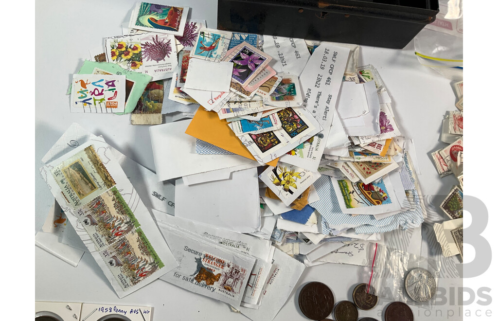 Collection of Australian Mint and Cancelled Stamps Including Predecimal with Assortment of Coins Including Pennies with Off Center Rims