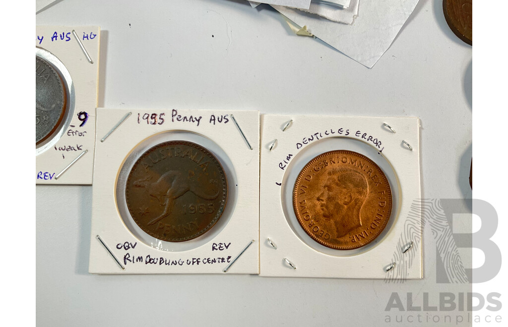 Collection of Australian Mint and Cancelled Stamps Including Predecimal with Assortment of Coins Including Pennies with Off Center Rims