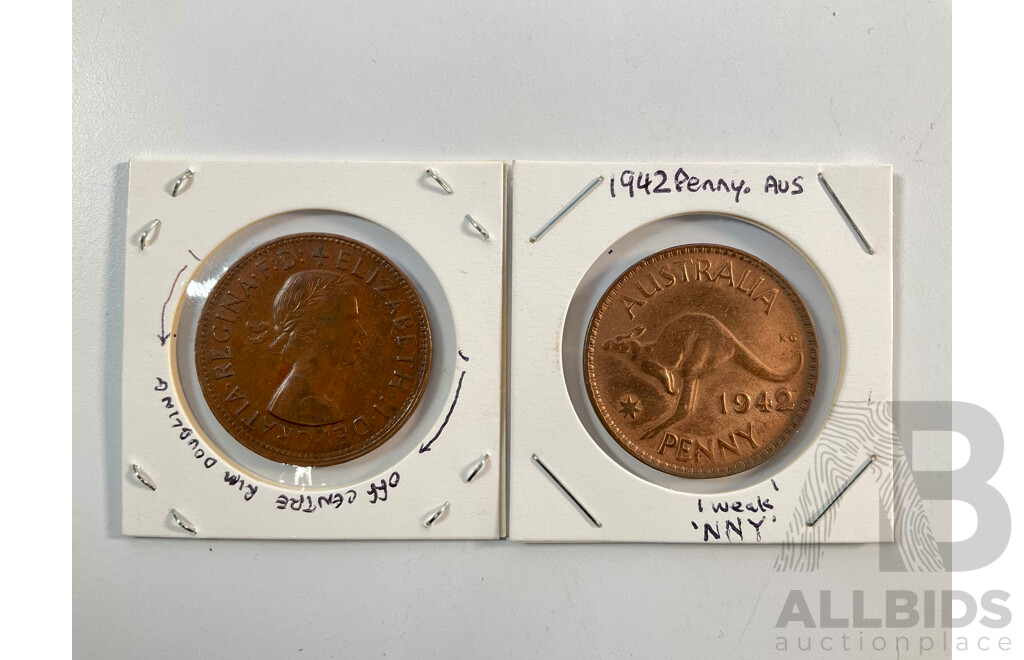 Collection of Australian Mint and Cancelled Stamps Including Predecimal with Assortment of Coins Including Pennies with Off Center Rims
