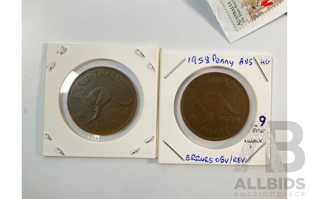 Collection of Australian Mint and Cancelled Stamps Including Predecimal with Assortment of Coins Including Pennies with Off Center Rims