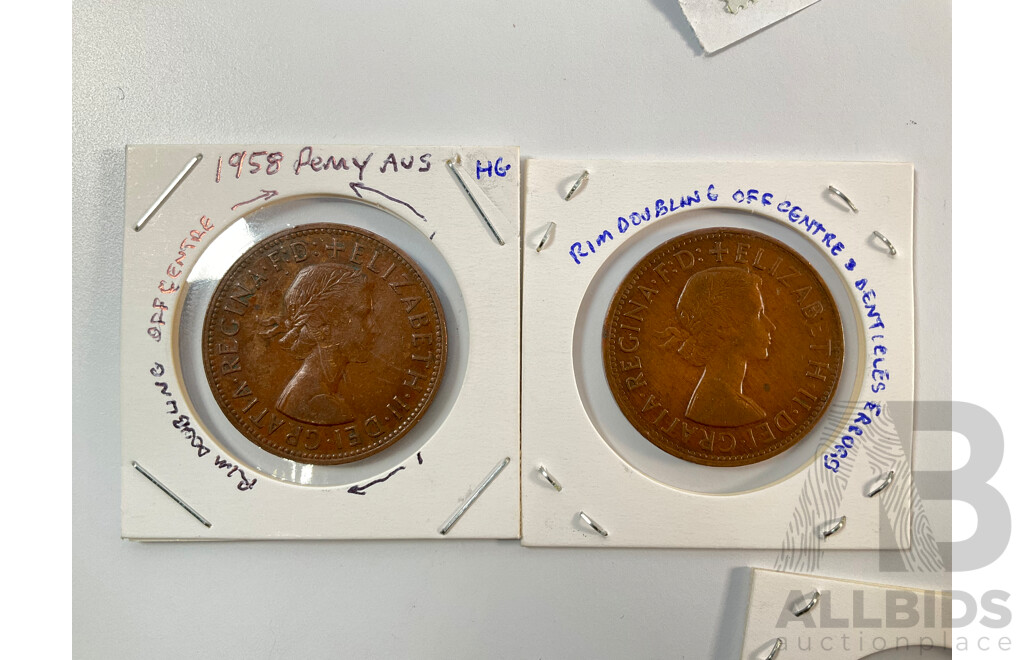 Collection of Australian Mint and Cancelled Stamps Including Predecimal with Assortment of Coins Including Pennies with Off Center Rims