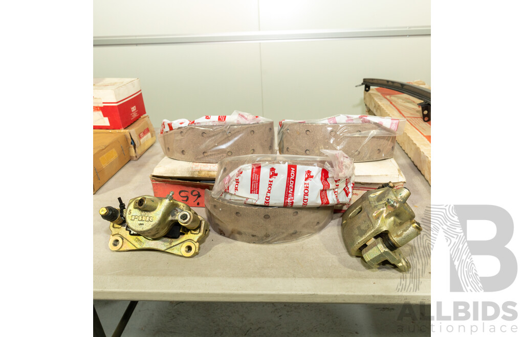 Collection of Eight NOS Genuine Holden Brake Shoes and Two PBR Brake Calipers