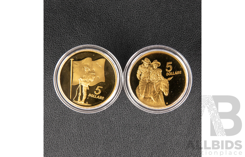 1990 Reserve Bank of New Zealand and Royal Australian Mint Five Dollar Coins, ANZAC 75th Commemorative Coin Set