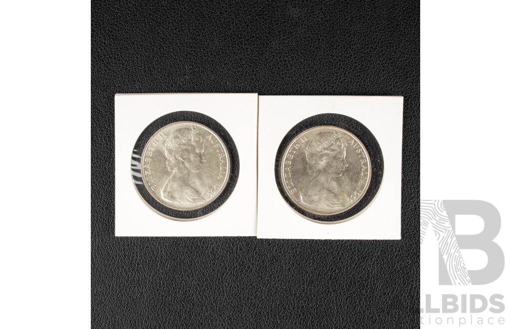 Two Australian 1966 Round Silver Fifty Cent Coins .800