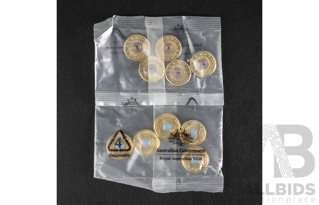 Ten Australian RAM UNC Commemorative Two Dollar Coins Including 2021 Indigenous Military Service and 2022 Seventy Fifth Anniversary of Peacekeeping