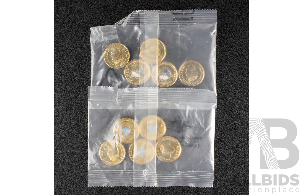 Ten Australian RAM UNC Commemorative Two Dollar Coins Including 2022 Seventy Fifth Anniversary of Peacekeeping and Seventy Five Years End of WW2