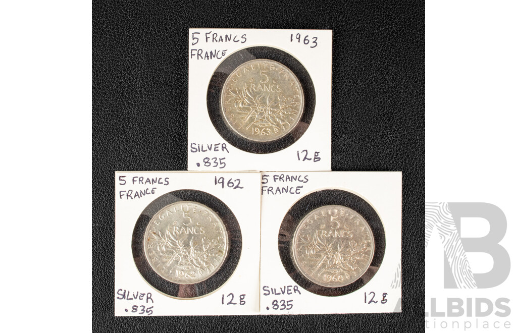Three French Silver Five Francs Coins, 1960, 1962, 1963 .835