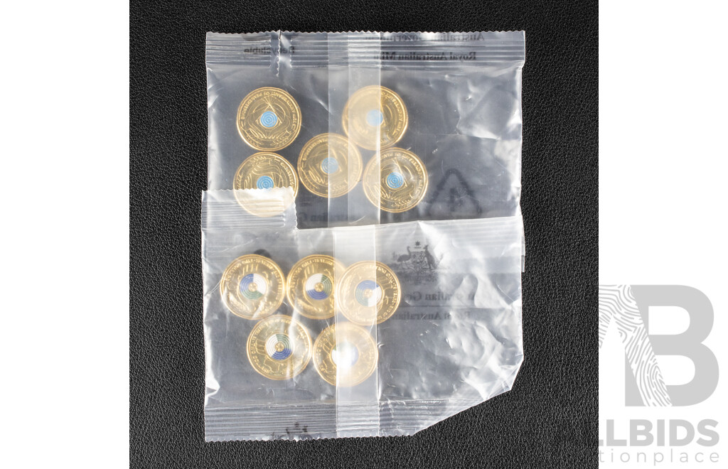 Ten Australian RAM UNC Commemorative Two Dollar Coins Including 2022 Seventy Fifth Anniversary of Peacekeeping and 2020 Seventy Five Years End of WW2