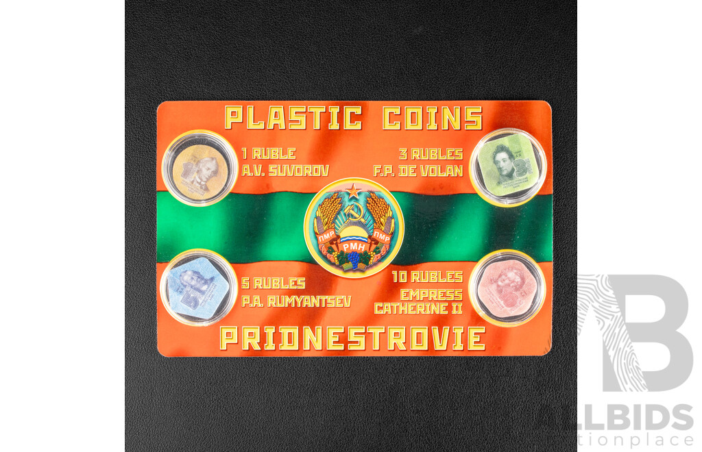 Transnistria 2014 Plastic Coin Set, One, Three, Five and Ten Rubles, Tribute to 1961 USSR Banknotes of the Same Denomination