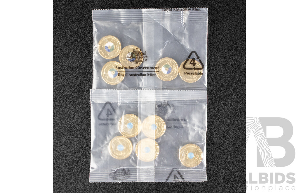 Ten Australian RAM UNC Commemorative Two Dollar Coins Including 2022 Seventy Fifth Anniversary of Peacekeeping and 2020 Seventy Five Years End of WW2
