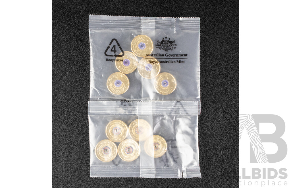 Ten Australian RAM UNC Commemorative Two Dollar Coins Including 2021 Indigenous Military Service and 2024 War Animals Remembrance
