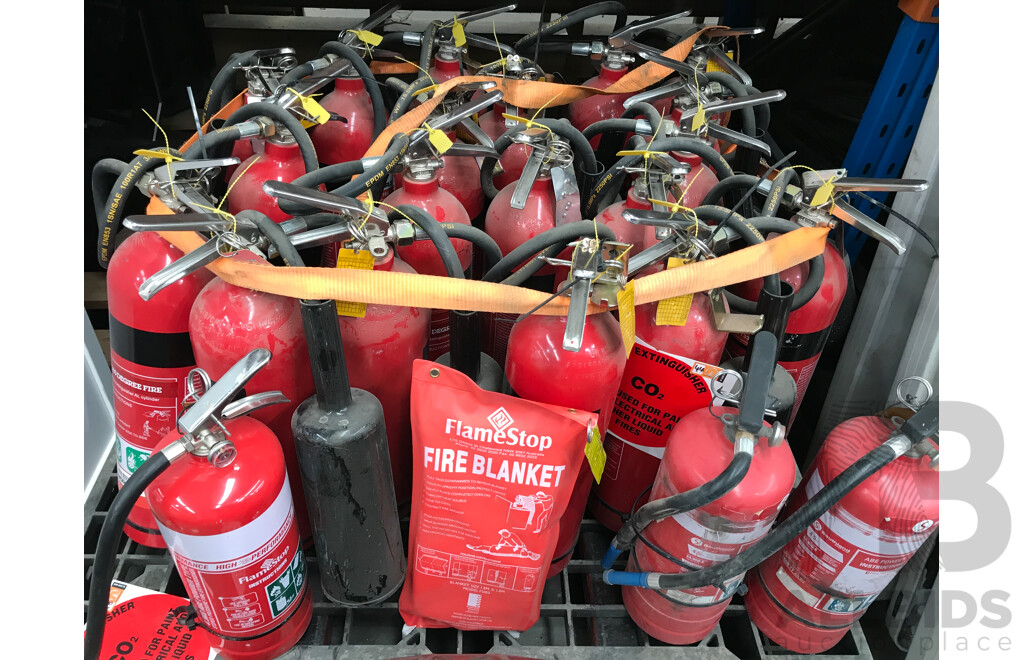 Pallet Lot of Assorted Fire Extinguishers with Fire Blanket