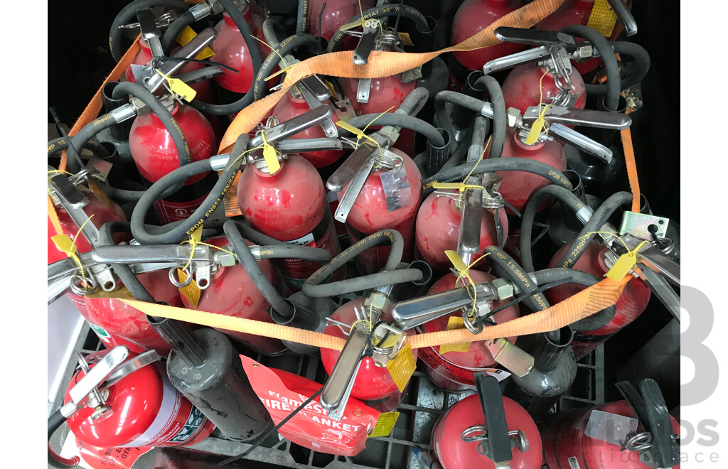 Pallet Lot of Assorted Fire Extinguishers with Fire Blanket