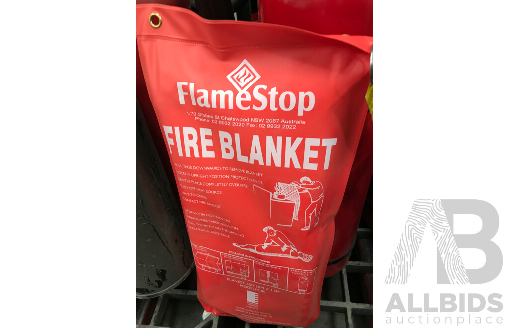 Pallet Lot of Assorted Fire Extinguishers with Fire Blanket