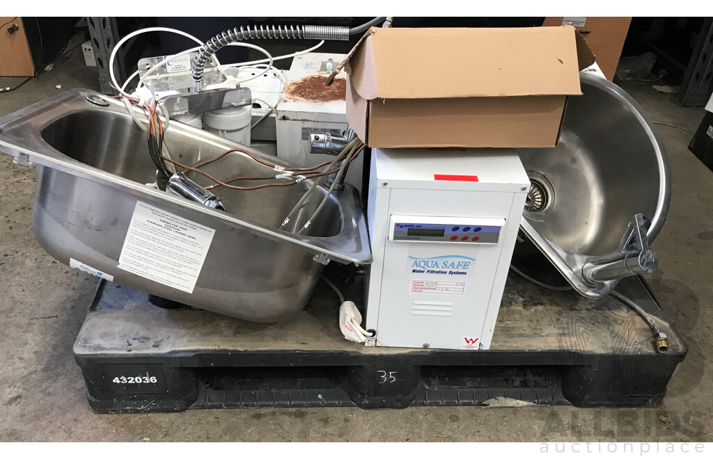 Lot of Assorted Laundry Basins/Bowls, Water Filtration Systems, Chillers, and More