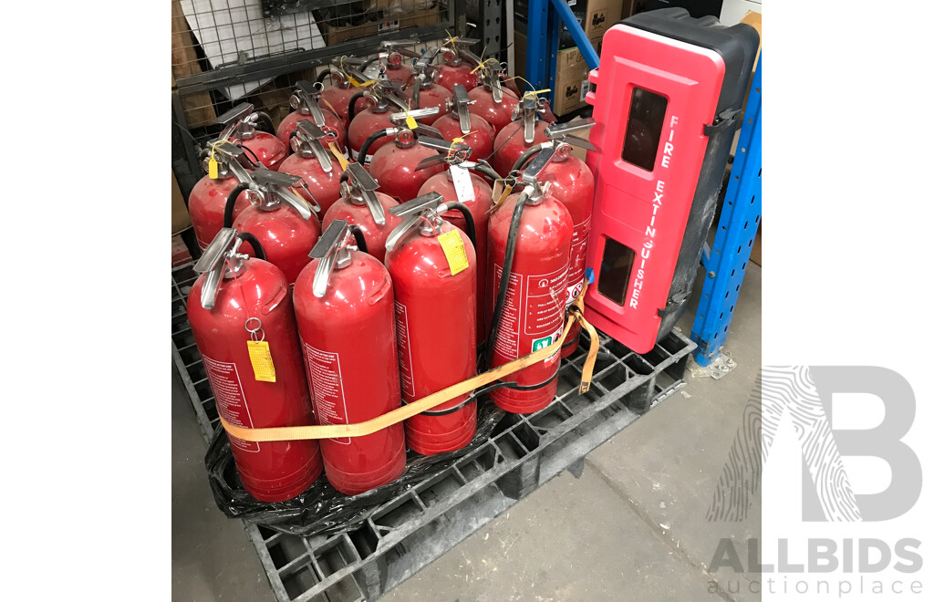 Pallet Lot of 360 Degree Fire Extinguishers with Fire Extinguisher Case