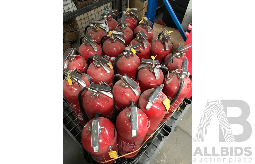Pallet Lot of 360 Degree Fire Extinguishers with Fire Extinguisher Case