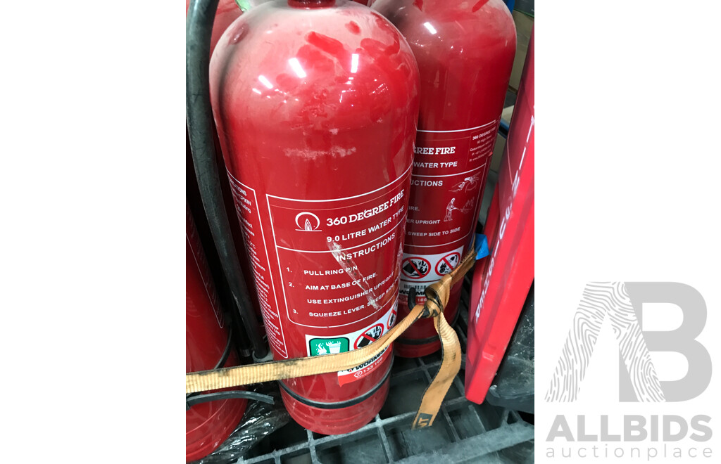 Pallet Lot of 360 Degree Fire Extinguishers with Fire Extinguisher Case