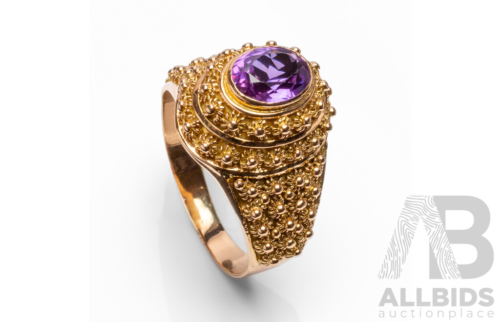 19.2ct Rose Gold Vintage Floral Ring with Oval Purple Sapphire - Size R.5