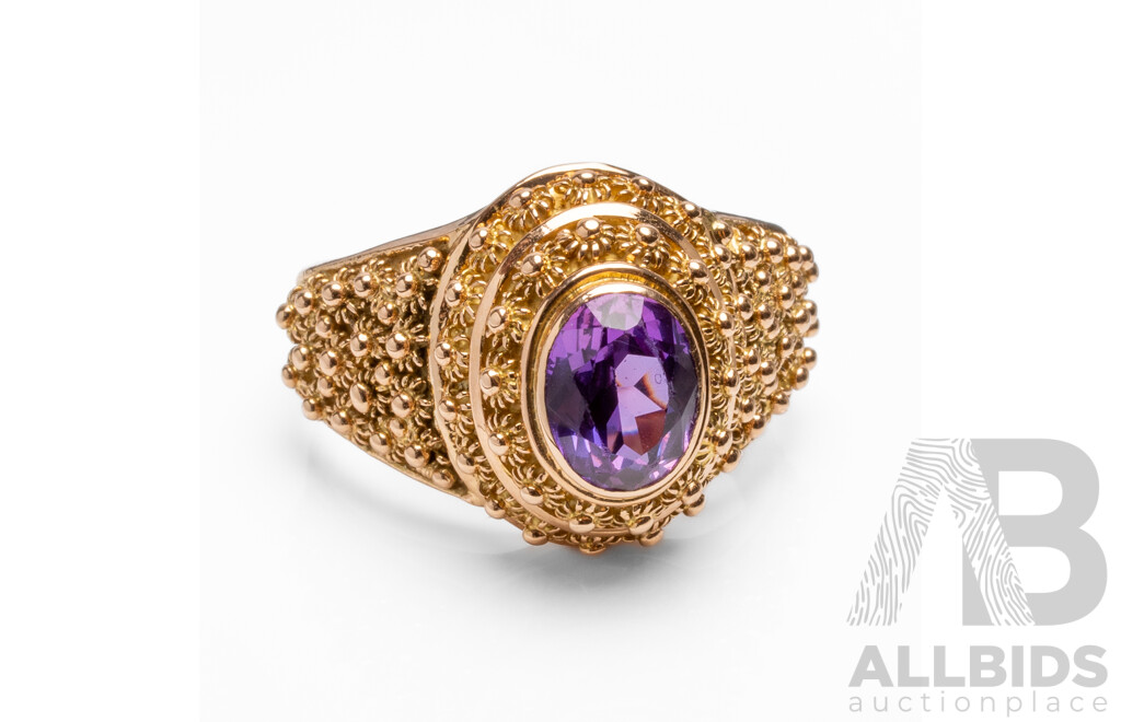 19.2ct Rose Gold Vintage Floral Ring with Oval Purple Sapphire - Size R.5