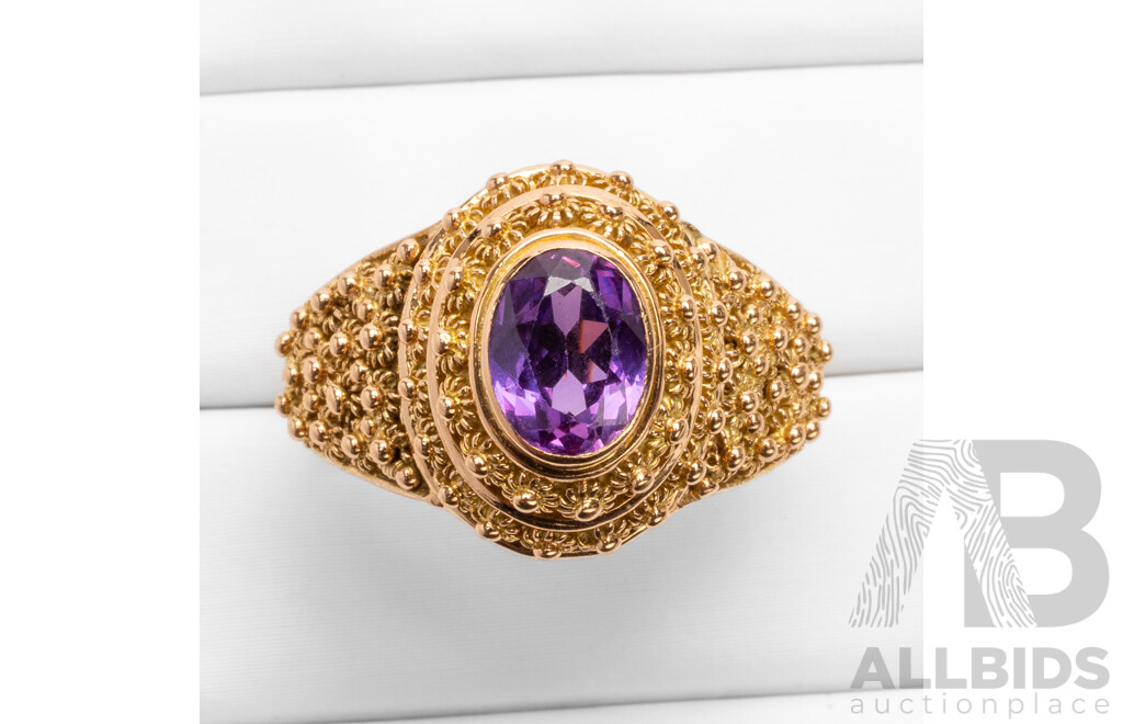 19.2ct Rose Gold Vintage Floral Ring with Oval Purple Sapphire - Size R.5