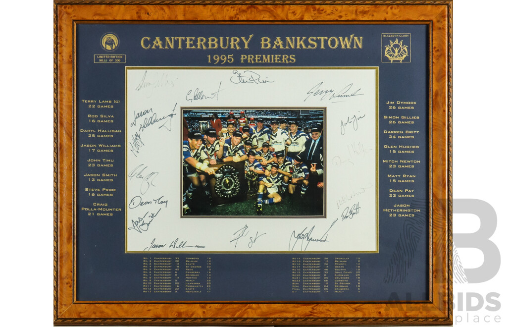 Framed Signed Canterbury Bankstown Bulldogs Premiers Photo 1995