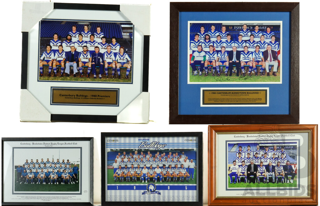 Collection of Five Framed Canterbury Bankstown Bulldogs Team Photos