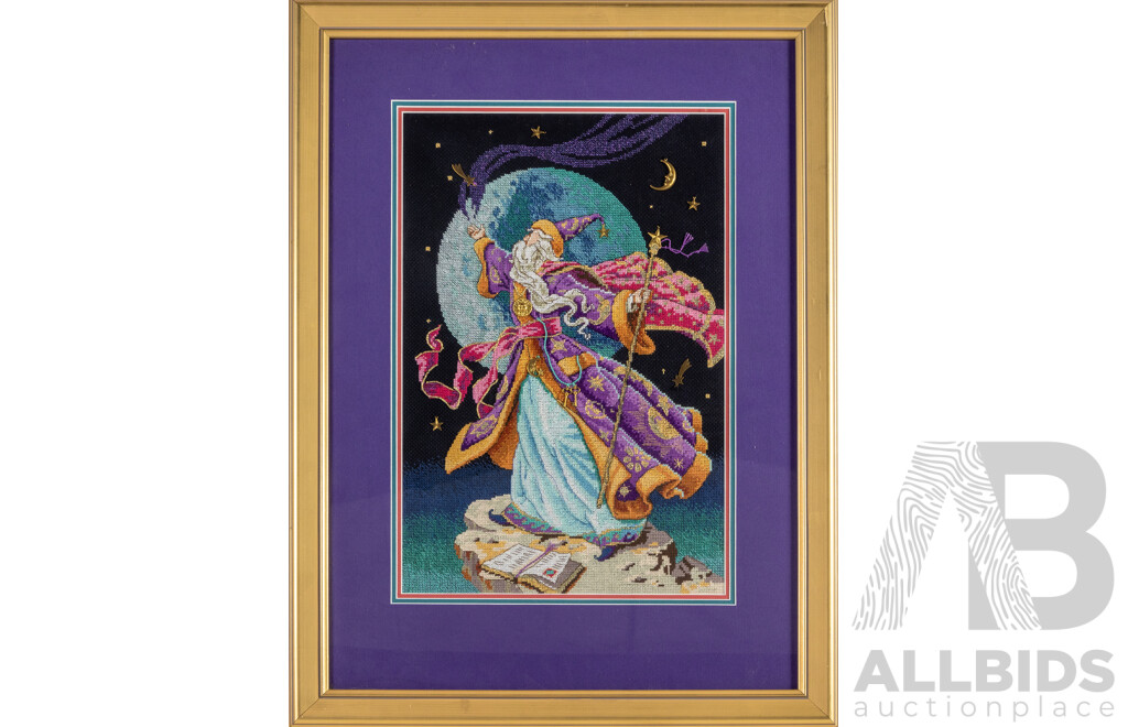 Artist Unknown (20th Century), Wise Wizard, Original Handmade Cross Stitch Embroidery with Gold Thread & 3D Accessories, 71H x 53W cm (frame)