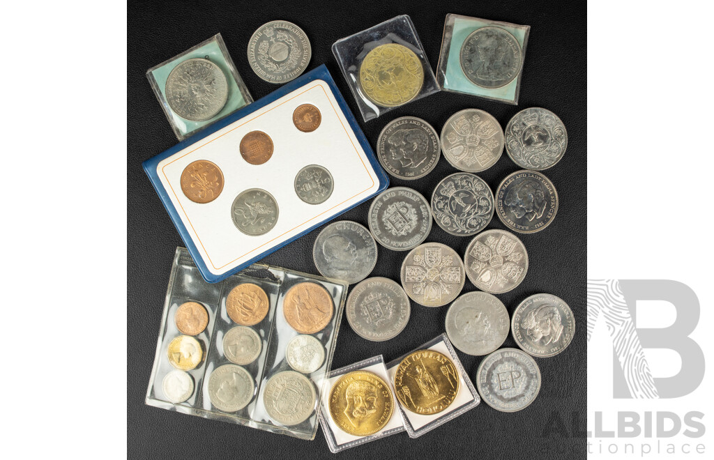 Collection of United Kingdom Coins Including Commemorative Crowns, First Decimal Coin Wallet and Two Hawaiian Kalakaua Coins