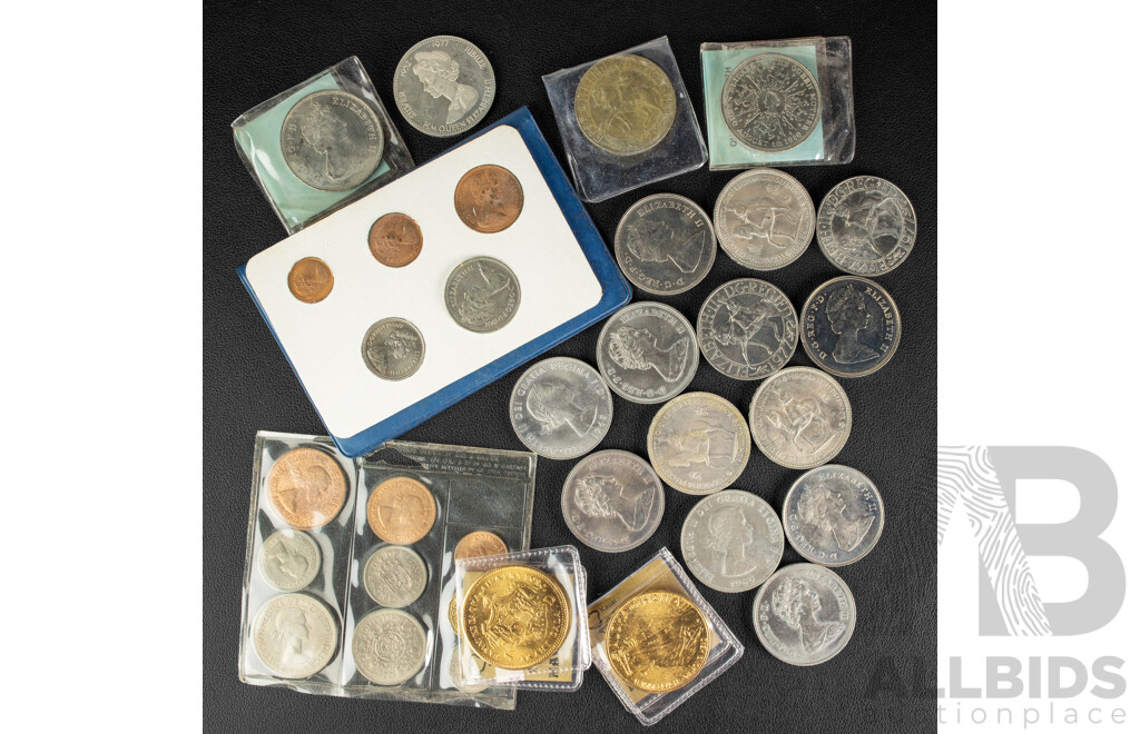 Collection of United Kingdom Coins Including Commemorative Crowns, First Decimal Coin Wallet and Two Hawaiian Kalakaua Coins