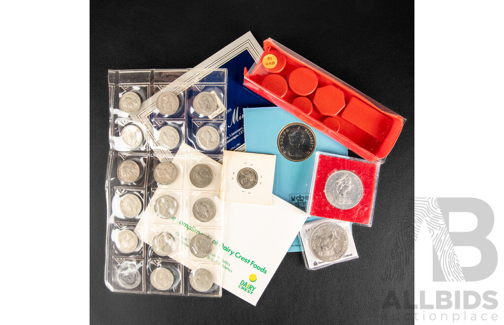 Collection of Commonwealth Coins Including Isle of Man 1975 Twenty Five Pence, 1989 New Zealand One Dollar, United Kingdom 1986 Two Pounds, 1980, 1981 Crowns, Shillings, 1975 UNC Set