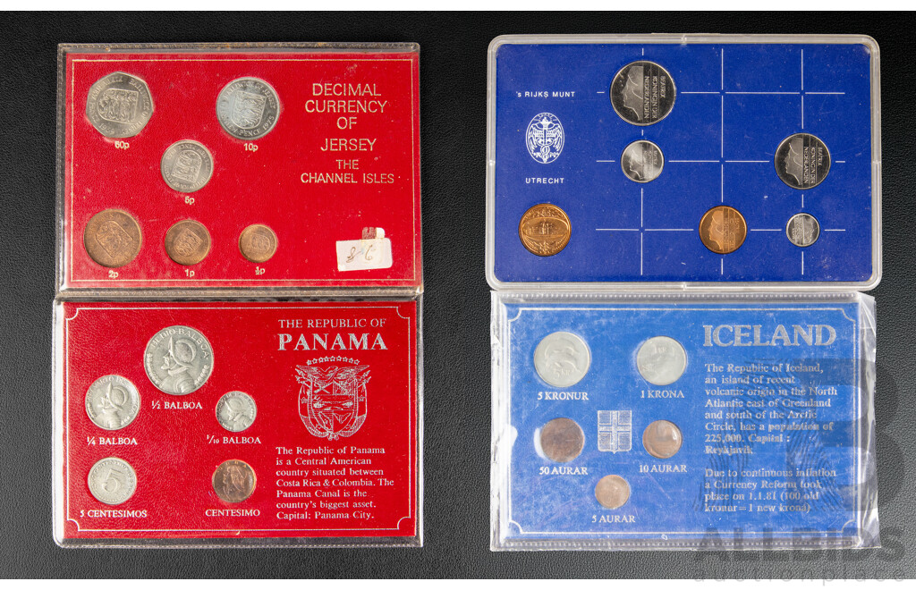 Four UNC Coin Sets Including Netherlands 1982, Panama 1974, Iceland 1981 Jersey Decimal Set