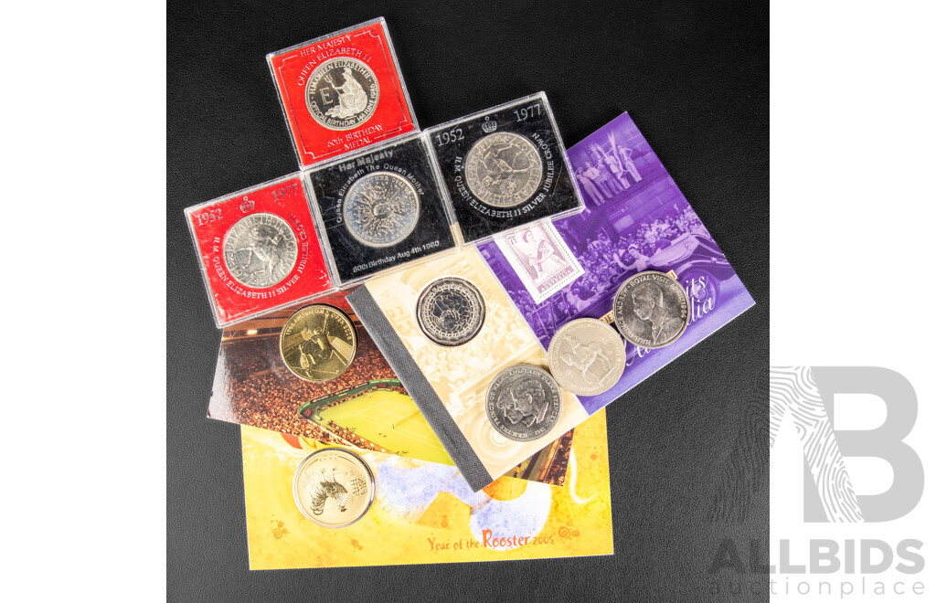 Australian Commemorative Coins Including 2006 Fifty Cent, QE2 Royal Visit, 2005 Five Dollars, Australian Open, 2005 Fifty Cents, Year of the Rooster, United Kingdom Commemorative Crowns, 1977, 1986, 1980 1981