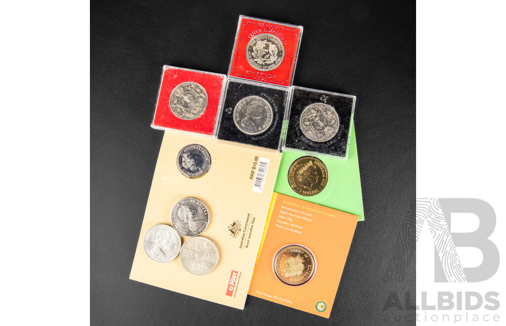 Australian Commemorative Coins Including 2006 Fifty Cent, QE2 Royal Visit, 2005 Five Dollars, Australian Open, 2005 Fifty Cents, Year of the Rooster, United Kingdom Commemorative Crowns, 1977, 1986, 1980 1981