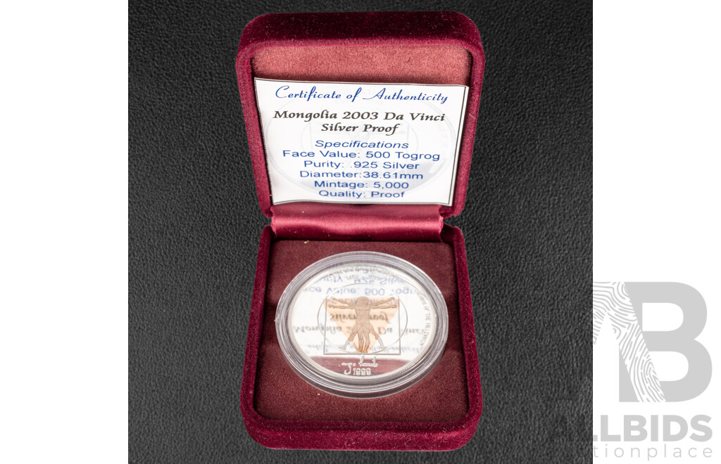 Mongolia 2003 Silver Proof Five Hundred Togrog Coin, Leonardo Da Vinci .925