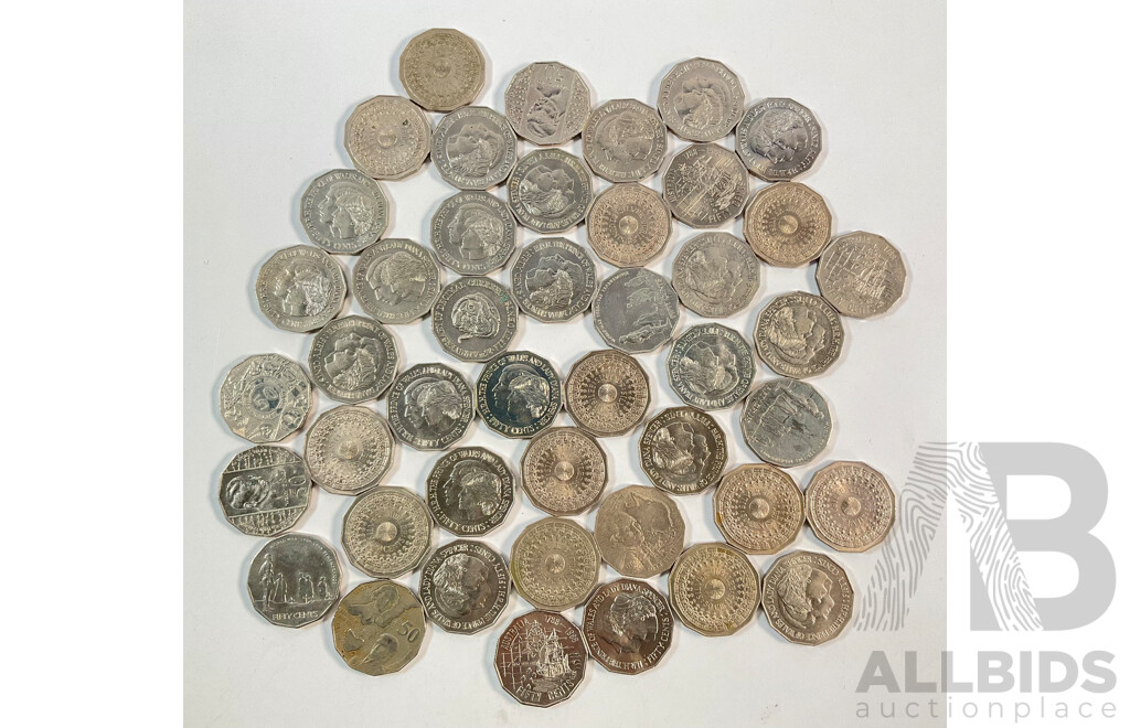 Collection of Australian Commemorative Fifty Cent Coins Including 1970 Cook, 1977 Jubilee, 1981 Charles and Diana, 1988 Bicentennial, 1995 Dunlop, 1998 Flinders Bass............