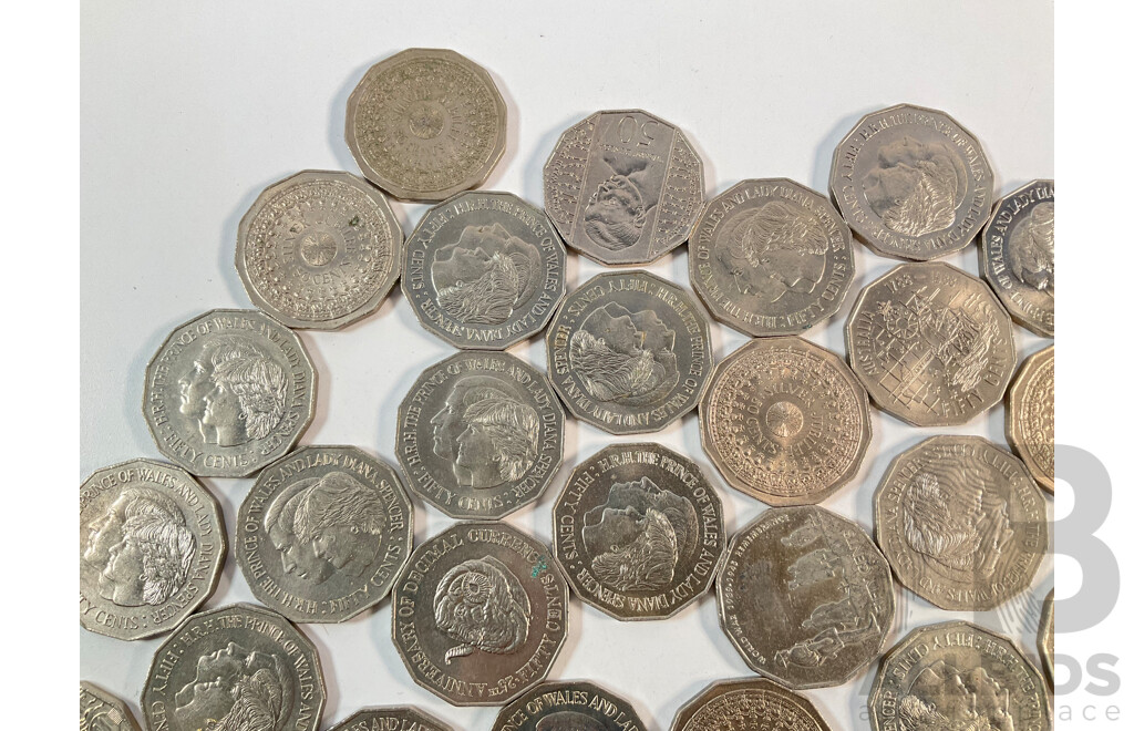Collection of Australian Commemorative Fifty Cent Coins Including 1970 Cook, 1977 Jubilee, 1981 Charles and Diana, 1988 Bicentennial, 1995 Dunlop, 1998 Flinders Bass............