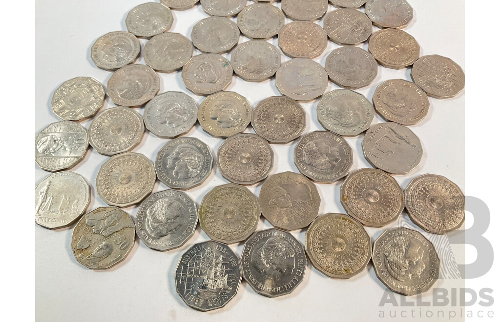 Collection of Australian Commemorative Fifty Cent Coins Including 1970 Cook, 1977 Jubilee, 1981 Charles and Diana, 1988 Bicentennial, 1995 Dunlop, 1998 Flinders Bass............