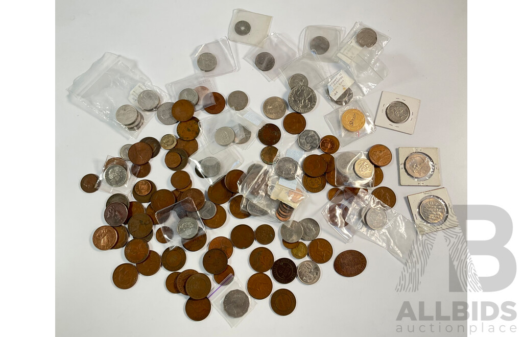 Collection of Australian Coins Including Pennies and Half Pennies Spanning 1911 to 1964, Commemorative Fifty and Twenty Cents, Medallions, United Kingdom Coins, Crown, Half Crown Shilling