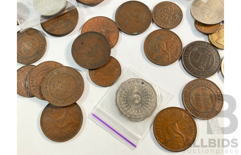 Collection of Australian Coins Including Pennies and Half Pennies Spanning 1911 to 1964, Commemorative Fifty and Twenty Cents, Medallions, United Kingdom Coins, Crown, Half Crown Shilling