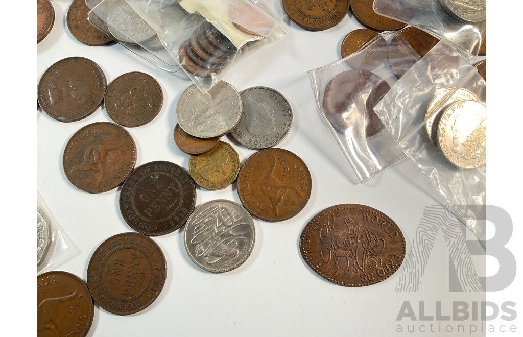 Collection of Australian Coins Including Pennies and Half Pennies Spanning 1911 to 1964, Commemorative Fifty and Twenty Cents, Medallions, United Kingdom Coins, Crown, Half Crown Shilling