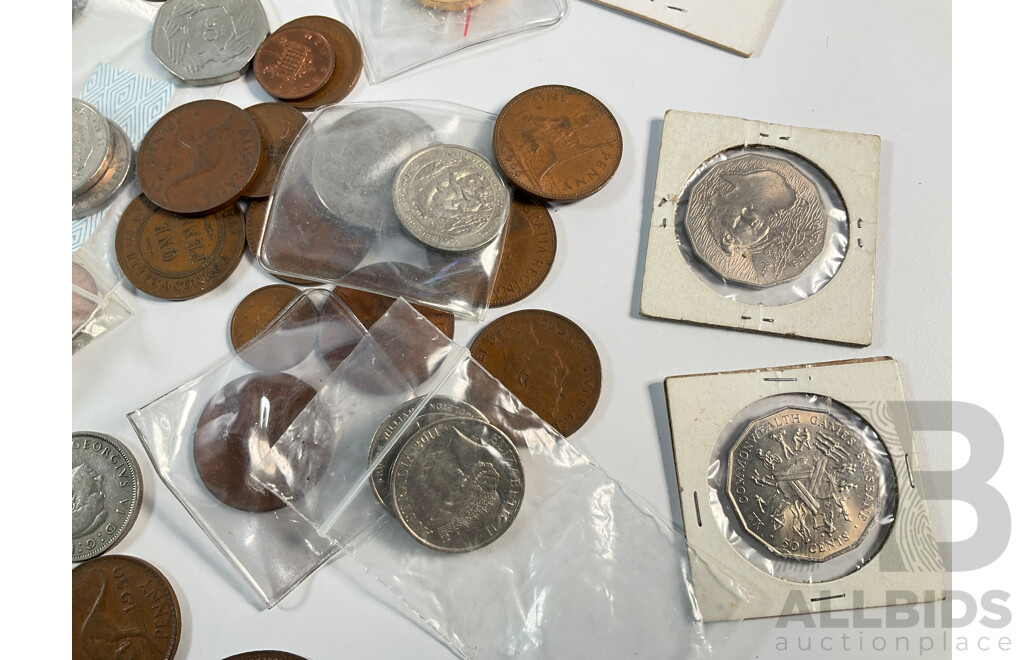 Collection of Australian Coins Including Pennies and Half Pennies Spanning 1911 to 1964, Commemorative Fifty and Twenty Cents, Medallions, United Kingdom Coins, Crown, Half Crown Shilling